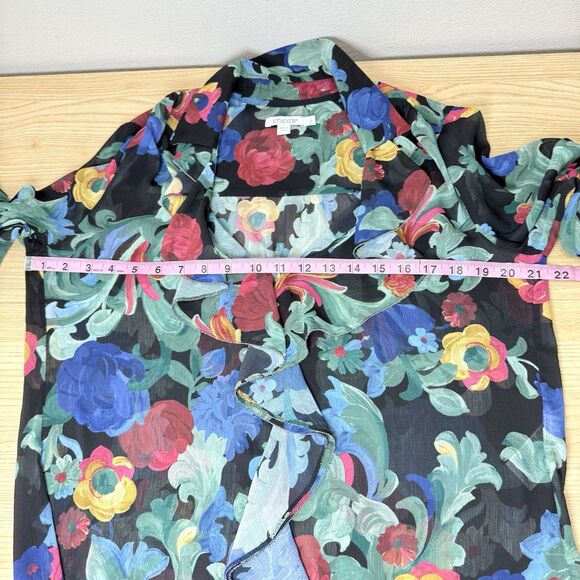 Chico’s Sheer Floral Ruffle Blouse Womens Size 8 Beaded Trim Tropical Office - Picture 8 of 10